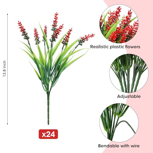 Ouddy Decor 24 Bundles Artificial Flowers for Outdoors, Fake Lavender Flowers Monkey Grass Faux Plastic Plants Shrubs UV Resistant for Porch Garden Window Box Office Home Decorations, Red - color: Red