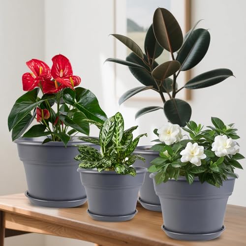 Myfeegoin 13-inch-Plant-Pots, 4 Pack Large Planters for Outdoor Plants, Plastic Flower Pots Indoor with Drainage Holes & Trays, Classic Garden Pot Container for House - color: Gray, size: 13inch