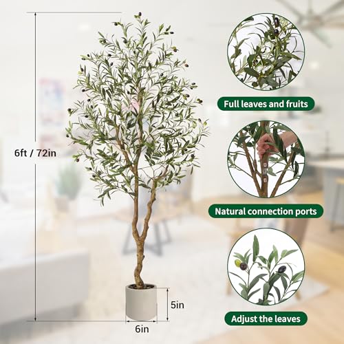 Artificial Olive Trees, 6 Ft Indoor Outdoor Fake Potted Silk Plant Faux Olive Tree with Trunk and Fruits, Artificial Tree Large Olive Plants for Living Room Home House Office Decor