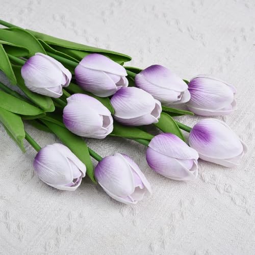 Artificial Tulips 10Pcs Real Touch Fake Tulips PU Flower Arrangement Bouquets for Home Party Decoration (Purple) - color: Purple