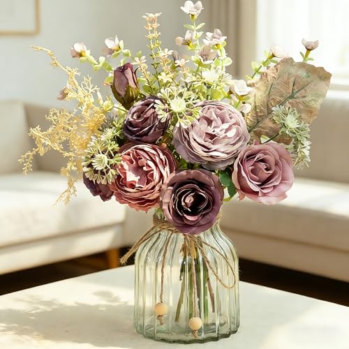 LESING Fake Artificial Flowers with Vase Faux Silk Flower Bouquet in Glass Vase Rose Floral Arrangements Flower for Home Office Decoration, Dining Table Centerpiece (Purple) - color: Purple