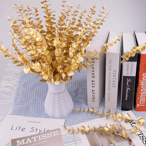 ABAJI 24PCS Eucalyptus Stems Plastic Vivid Leaf Decorations Artificial Leaves Fake Faux Greenery Plant for Home Office House Table Desk Decor Wedding or Party Vase Forever Live - color: Golden