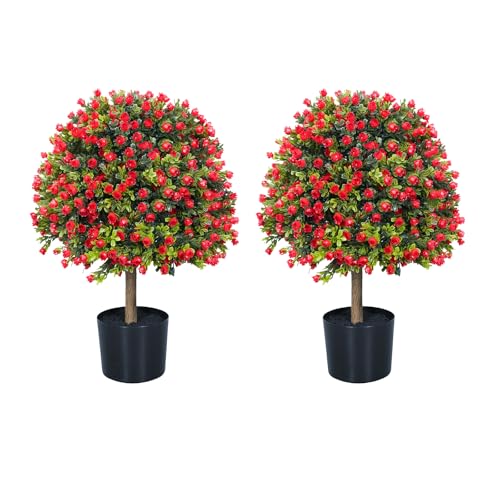 Artificial Rose Topiary Ball Trees, Set of 2 Fake Shrubs Bushes, UV Resistant Faux Evergreen Tree for Front Porch Outdoor Garden Decor - color: Rose, size: with Pot