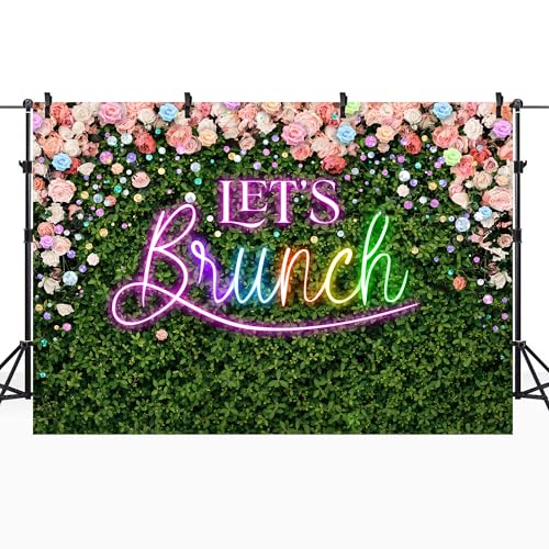 Riyidecor Green Leaves Let's Brunch Backdrop Polyester Fabric Neon Pink Rainbow Floral 7Wx5H Feet Greenery Photography Background Grass Lawn Women Brunch Party Photo Studio Shoot - color: A-Green Brunch, size: 7Wx5H