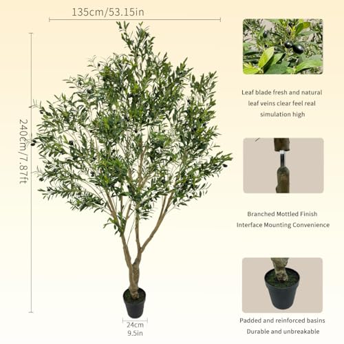 8ft Tall Artificial Olive Potted Tree | Foliage: Designed with lush natural leaves and realistic olive fruits, crafted from premium silk material - size: 8ft 2in