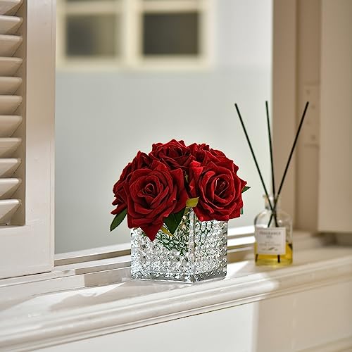 Fule Artificial Silk Rose Flower Centerpiece Arrangement in Glass Vase with LED Light for Home Wedding Decoration (Burgundy) - color: Burgundy