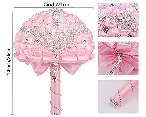 Handmade Luxury Wedding Bridal Bouquet Large Silk Rose Holding Toss Artificial Flowers Bouquets with Satin Ribbon Pearls Rhinestone for Bride Vintage Royal Wedding Bouquet (Pink) - color: Pink