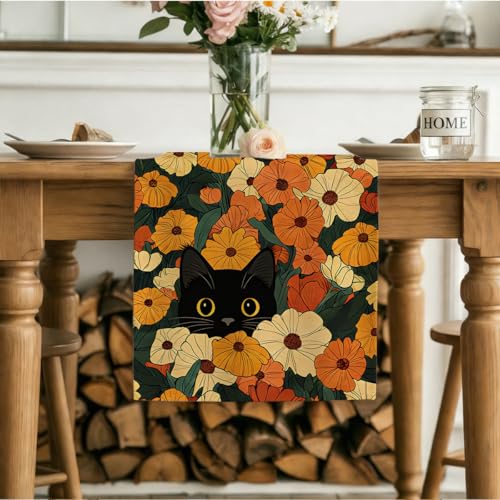 Black Cat Spring Table Runners Floral Spring Table Runner for Home Cat Floral Decorations for Home Office Kitchen Living Room Farmhouse Apartment 13 x 72 Inch - color: Black Cat 08