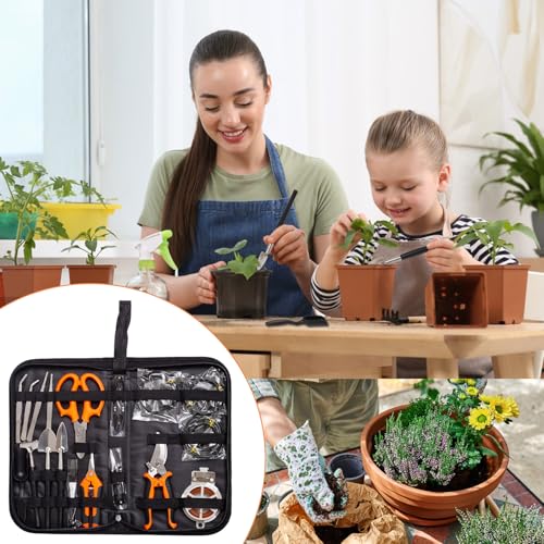 Bonsai Tools Kit 20 Pcs Garden Tools Set for Beginner, Gardening Gift for Women Men, Includes Bonsai Wire Kit, Plant Mat, Pruning Shears, Bonsai Scissors, Succulent Tools in Leather Storage Bag - style: Orange