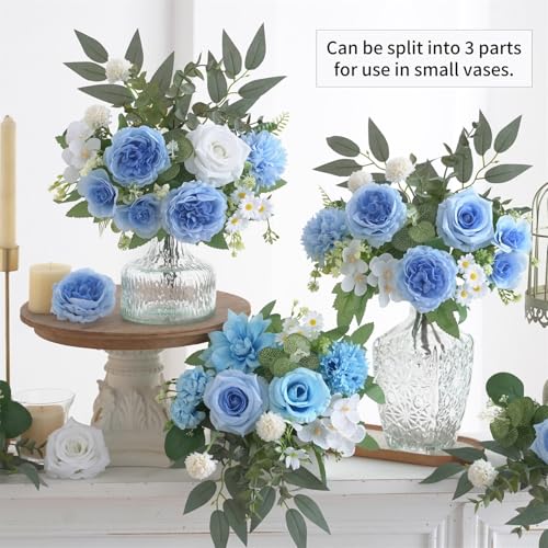 10 Pcs Mixed Artificial Flowers Set, Artificial Peony Bouquet Fake Rose Flower Silk Floral Arrangements for Table Centerpiece Home Wedding Party Bridal Vase Decoration(Blue, 6 Bouquets & 4 Stems) - color: Blue & White, size: Mixed 10pcs