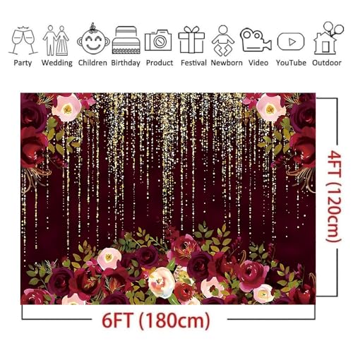 Red Rose Floral Theme Photography Backdrops Luxurious Vintage Red with Gold-Speckled Rose Backdrop Bridal Shower Wedding Anniversary Reception Ceremony Portrait Photo Booth Prop (C, 6 * 4feet) - color: C, size: 6*4feet