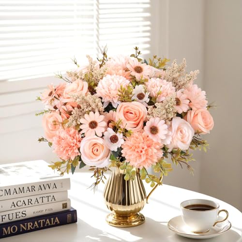 Dremisland Artificial Flowers Like Real Artificial Bouquet 2 Packs Silk Artificial Roses Bouquet with Daisy Chrysanthemum Champagne Flowers for Centerpiece Table Wedding Party Home Decor - color: Champagne, size: 2PCS