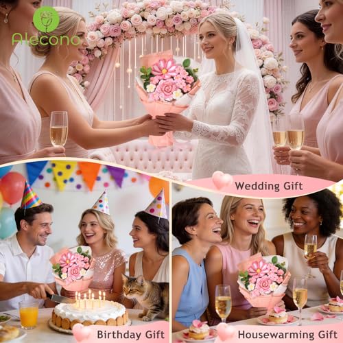 Alecono Crochet Flower Bouquet, Knitted Flowers, Pink Handmade Bouquet of Flowers for Mother's Day Anniversary Birthday Party Graduation Valentine's Day Gifts (Include Card) - color: Pink