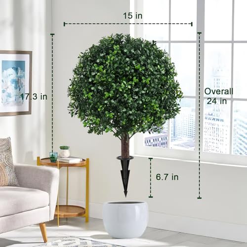 2PCS Faux Boxwood Plants Outdoor Artificial Topiary Ball Trees | Fake Bush & Shrub Greenery / UV Resistant / No Fade / Sturdy Build / No Maintenance / with Spike / Front Porch Decor - color: Boxwood