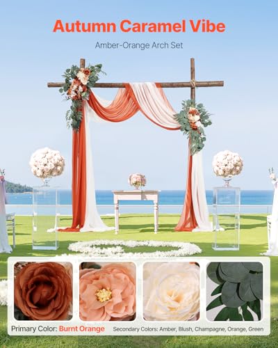 VEVOR Artificial Wedding Arch Flowers Kit, Orange Wedding Arch Flowers with Drapes Kit (Pack of 4) - 2 Pcs Floral Arrangement, 2 Pcs Sheer Drapes, for Ceremony Bouquets Reception Backdrop Decoration - color: Terracotta, size: 4 Pcs