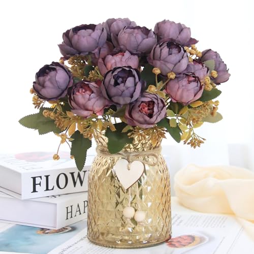 Faux Flowers in Vase, Fake Flowers in Vase 21 Pcs Faux Peony Flowers, Artificial Flowers for Home Decor, Indoor Centerpiece for Living Room & Dining Table - Purple Red - color: Purple Red Peony
