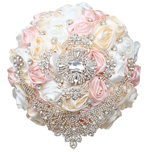 Handmade Satin Rose Water Drop Bridal Bouquet,8.7inch Crystal Wedding Round Tossing Bouquet,Jewelry Proposal Bridesmaid Bouquet Groom Corsage Bride Wrist Flower Ivory (Champagne Ivory) - color: Champagne Ivory