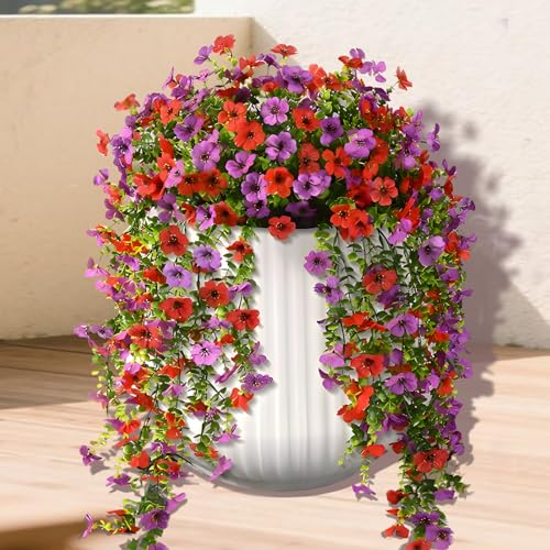 Artificial Hanging Flowers Plants for Outdoors, 2 PCS UV Resistant Faux Silk Daisy(132 Branches Per Bundle), Home Garden Balcony Yard Porch Decor(Purple Red) - color: Purple Red