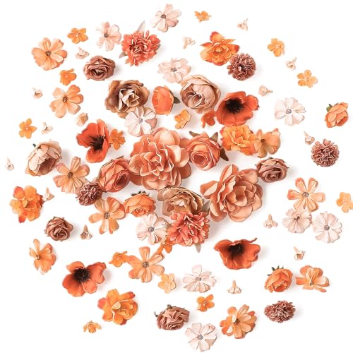 Floroom Mini Artificial Flower Heads Burnt Orange & Terracotta Fake Peony Daisy Rose Multicolor Small Faux Silk Flower Heads for Cake Craft Garland Wedding Party Graduation Cap DIY Home Decoration - color: Dusty Bloom Terracotta