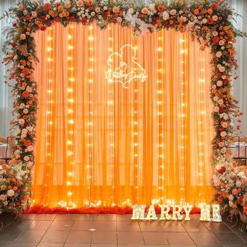 Orange Tulle Backdrop Curtain with Lights String for Parites 10x10ft Sheer Backdrop Curtains Drapes for Birthday Party Baby Shower Wedding Ceremony Prom Halloween Photo Booth Background Decorations - color: Orange, size: 10 ft X 10 ft(2 Panels 5ft X 10ft)