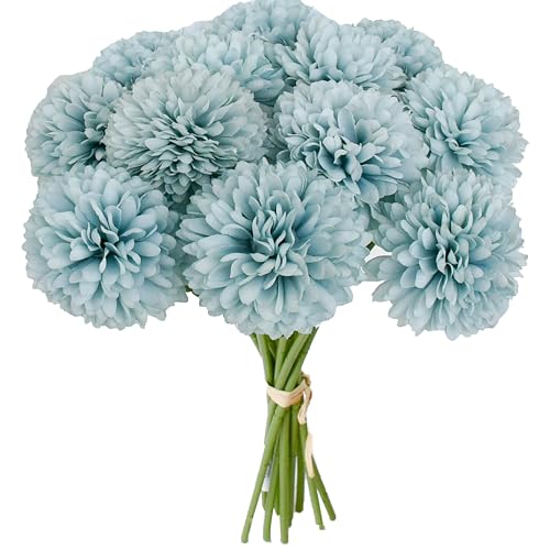 Mandy's 12pcs Artificial Blue Chrysanthemum | 11.8 inch Artificial Mums Flowers for Home Table Centerpiece Summer Decor Silk Flowers for Porch Patio and Wedding - color: Blue
