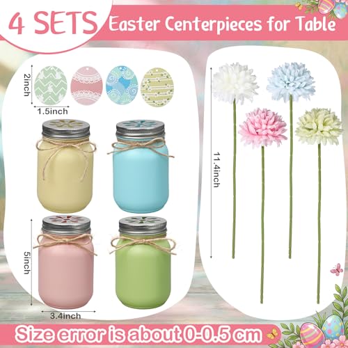 4 Set Spring Table Centerpieces Decoration Spring Mason Jar with Artificial Flowers Wooden Egg Tag Pastel Mason Jar Table Decoration for Home Office Dining Room Kitchen Desk Decor