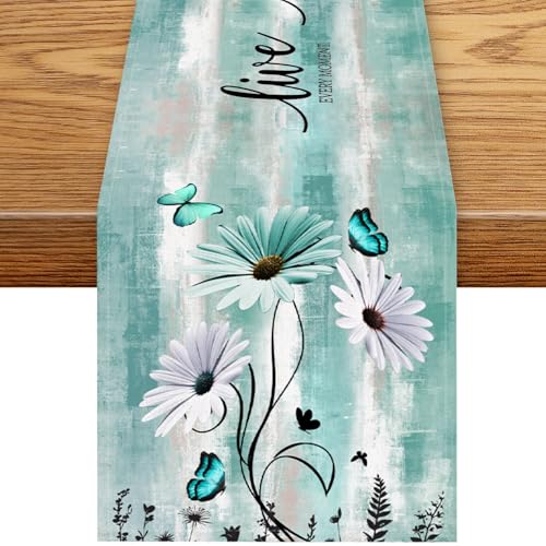 Daisy Floral Table Runner, Spring Summer Teal Floral Flower Boho Butterfly Farmhouse Coffee Table Center Decor for Family Kitchen Holiday Party Table Decorations, 13"x36" - color: Daisy-10, size: 13“ X 36"