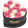 ADDWel Romantic Preserved Roses Bouquet for Her Anniversary, Birthday Flower Gifts for Women, 16-Pieces Eternal Roses with Natural Fragrance in Heart-Shape Box for Wife Girlfriend Mom - color: Pink & White
