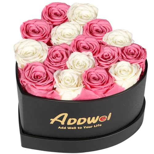 ADDWel Romantic Preserved Roses Bouquet for Her Anniversary, Birthday Flower Gifts for Women, 16-Pieces Eternal Roses with Natural Fragrance in Heart-Shape Box for Wife Girlfriend Mom - color: Pink & White
