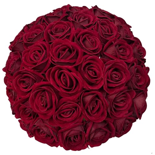 FagusHome 30 Pcs Silk Rose Artificial Flowers Roses Bulk Bouquet Fake Flowers Rose Heads with Stems for Home Wedding Decor (Dark Red) - color: Dark Red