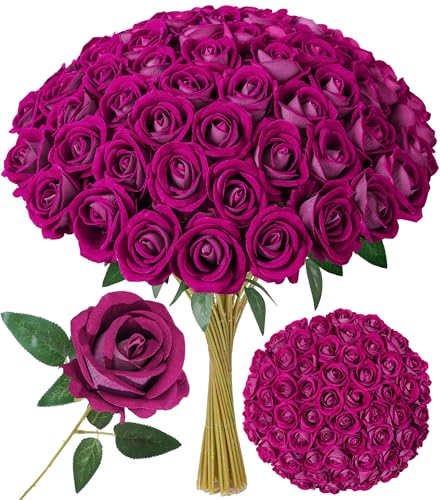 50 PCS Magenta Roses Artificial Flowers, Real Looking Fake Roses with Long Stems Silk Flowers for DIY Wedding Bouquet Party Celebration Home Bridal Baby Shower Decoration Birthday Gift for Her Wife - color: Magenta