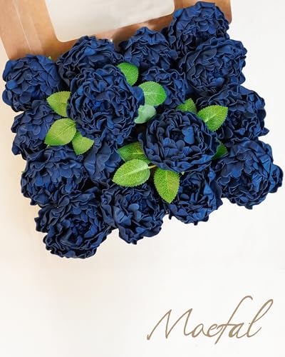 16pcs Navy Blue Artificial Peonies with Vintage Burnt Edge - Real Touch Foam Fake Peony Flowers with Stems & Leaves for DIY Wedding Bouquets, Centerpieces, Arch, Bridal Shower Decor - color: Navy Blue