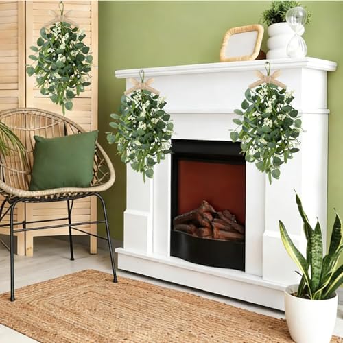 2 PCS 24'' Eucalyptus Teardrop Swag Wreaths Spring Summer Greenery Teardrop Swags for Front Door Artificial Farmhouse Green Hanging Swags with Berry Ribbon for Wedding Porch Wall Window Cabinet Decor - color: Green-1