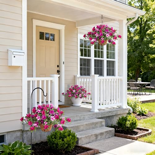 Ammyoo Artificial Hanging Flowers for Outdoors Hanging Baskets, 3 Pcs Fake Silk Flower with Hanging Baskets Planter for Spring Summer Garden Porch Patio Yard Outside Decor - color: X-purple-red Pink Lotus With Basket