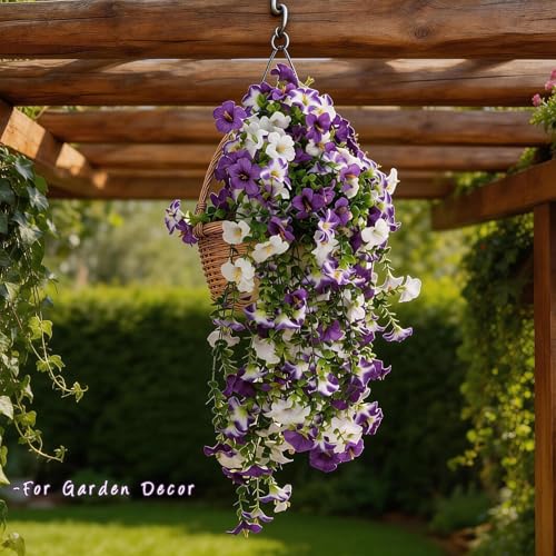 3 Pack Artificial Flowers for Outdoors Front Porch Spring Decor,Faux Outdoor Plants Hanging Flowers UV Resistant for Hanging Baskets,Tall Potted Fake Flowers for Outdoor Planters Decor (Purple White) - color: Purple White-3