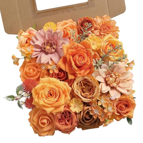 Artificial Flowers Combo Box Orange Fake Roses Silk Flowers with Stems Dahlia for DIY Cake Wedding Bridal Bouquets,Floral Arrangement,Table Centerpieces,Baby Shower,Home Party Decorations - color: Orange2