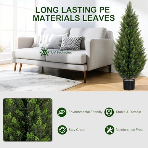 Artificial Cedar Trees 4FT Faux Cedar Topiary Evergreen Plants UV Resistant Outdoor Indoor Fake Cypress Pine Trees with Planter for Front Porch Entryway Patio Garden Home Decor Set of 2 - size: 4ft Black Pot