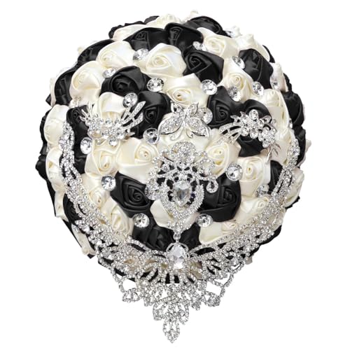 XINNI Handmade Bridal Wedding Bouquet Bride Bridesmaid Satin Rose Flower Bouquet with Drop-Shaped Rhinestone Wedding Decoration (Black+Ivory) - color: Black+ivory
