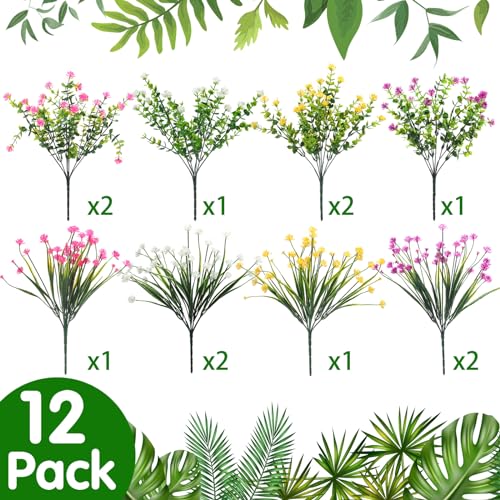 WILLBOND 12 Bundles Artificial Flowers Outdoor, UV Resistant Faux Artificial Plants Shrubs Plastic Flower Bulk for Hanging Planter Porch Window Home Spring Summer Decor(Cute Color) - color: Cute Color