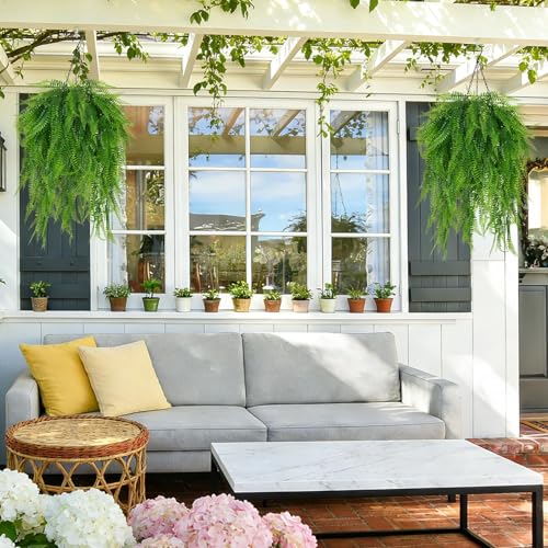 Artificial Hanging Ferns for Outdoors UV Resistant Fake Hanging Ferns with Hanging Baskets 2 Set Boston Ferns Artificial Plants 23.6" Faux Ferns Outdoor Hanging Basket Front Porch Patio Garden Home