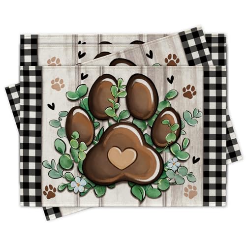 Cat Dog Paw Prints Placemats Set of 4, Eucalyptus Leaves Buffalo Plaid Dining Place Mats Table Decor, Farmhouse Flower Home Kitchen Decoration Pet Owner Lover Gifts 12''x18'' - color: Paw, size: Placemats 12''X18''