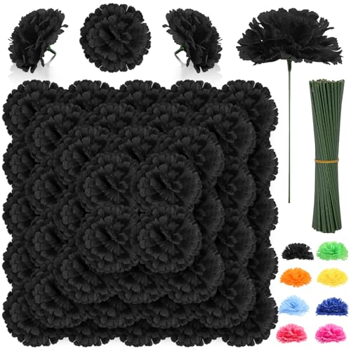 108pcs Carnation Head Flowers with Stem, Black Artificial Flowers Carnations, 3.5" Silk Carnation Fake Flower for Funeral Arrangements Wedding Bouquets Centerpieces Cemetery Wreaths Gothic Party Decor - color: Black