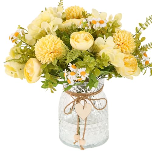 Kimura's Cabin Faux Flowers with Vase,Artificial Silk Peony in Vases Fake Flower Hydrangeas Arrangement for Dining Table Home Office Farmhouse Bathroom Centerpiece Wedding Decorations（Yellow） - color: Yellow