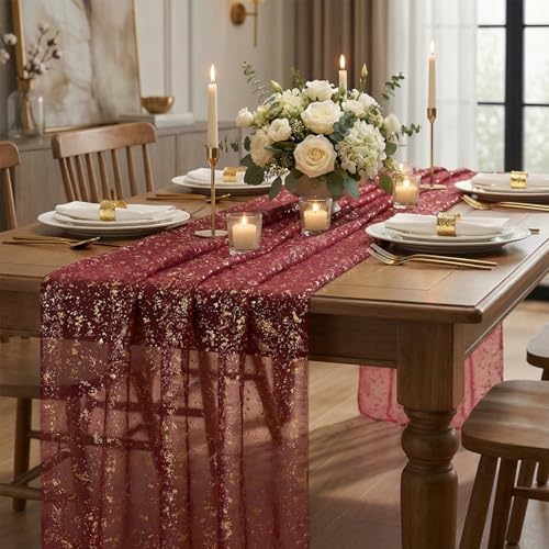 Artoid Mode Burgundy Gold Gauze Table Runner 120 Inch 10FT, Glitter Metallic Foil Sheer Dining Wedding Anniversary Holiday Birthday Table Decor for Home Party - color: Burgundy, size: 28" x 120"
