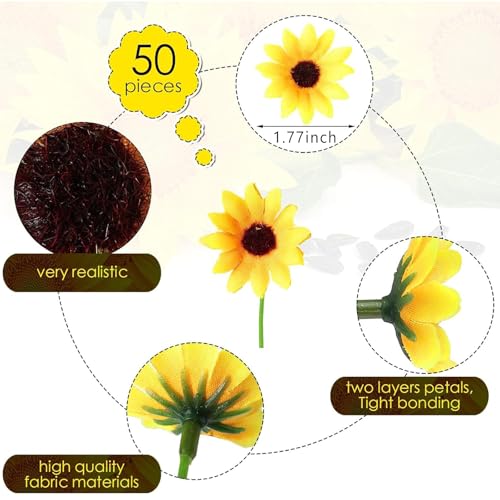 Wavwavw 50 Pcs Mini Artificial Sunflower Heads with Iron Stems for Home Party Decoration Wedding Decor, Bride Holding Flowers Centerpieces Wreath Garden DIY Art Decor Crafts(1.77 Inch) - size: 1.77 Inch