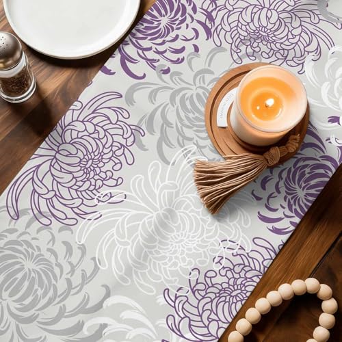 Floral Table Runner-Purple Gray White Long 90 inche Dresser Scarves,Flower Tablerunner for Kitchen Coffee/Dining Table Bedroom Living Room,Summer Spring Holiday Dinner Scarf Decor - color: Purple, size: 13x90 Inch