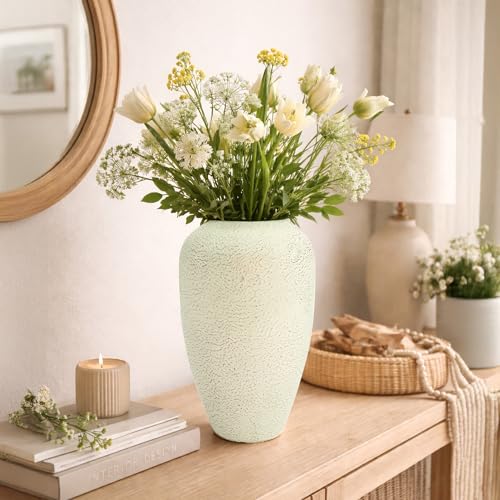 Hosley Metal Vase for Home Decor-Light Green with Gold Brushing, Farmhouse Vase with Elegant Design for Living Room, Home, or Office, 11-Inch Tall, for Housewarming - color: Light Green With Gold Brushing