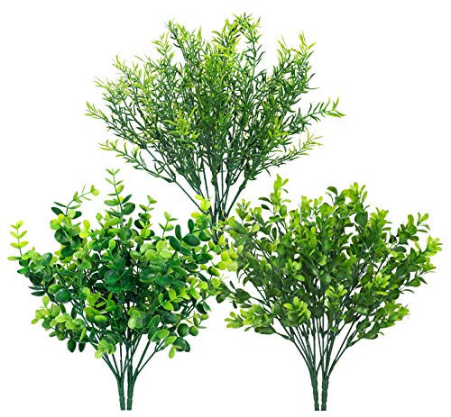 Ouddy Decor 6 Bundles Artificial Greenery Stems Mixed Fake Plastic Plants Eucalyptus Rosemary Faux Magnolia for Outdoor Indoor Garden Home Window Box Decor - color: Green