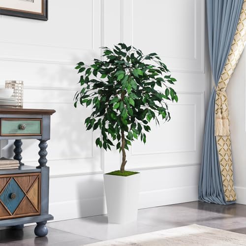 ASTIDY Artificial Ficus Tree 5FT - Faux Indoor Tree with White Tall Planter - Fake Ficus Floor Plant Potted - Artificial Silk Tree for Home Office Living Room Decor Indoor - color: White