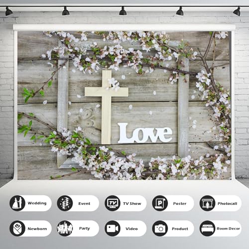 Rustic Wooden Board Cross Backdrop Word Love Spring Branches Blossoms Flower Petals Photography Backdrop Jesus Christian Church Event Party Background Decors Easter Festival Photo Props 6x4ft - color: Grey, size: 6x4ft
